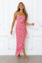 Dancing Dahlia Strapless Midi Dress Pink